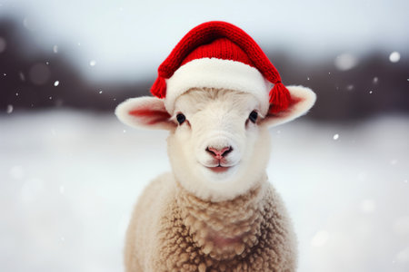 Portrait of cute sheep wearing red santa hat on snowy backgroundの素材