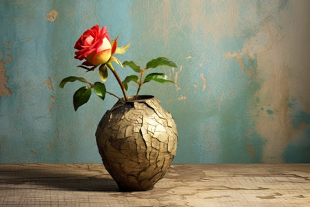 Red rose in a vase on a wooden table against a blue wallの素材