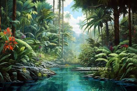 Beautiful fantasy landscape with river in tropical forest. 3d renderingの素材
