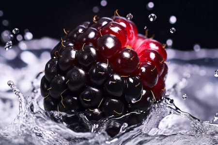Blackberry and raspberry with water splash on black background, close upの素材