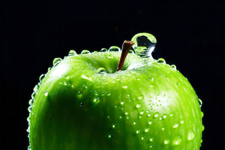Green apple with water drops on black background. Close-up.の素材