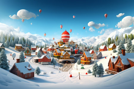 Fantasy winter village with hot air balloons floating in the blue skyの素材