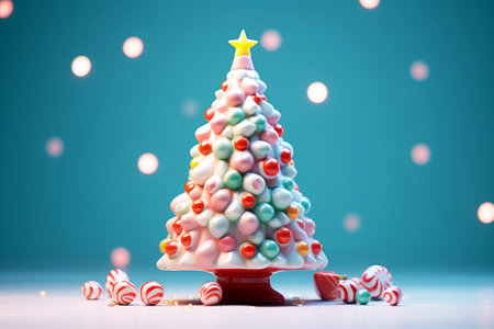Christmas tree made of candies and marshmallows on blue backgroundの素材