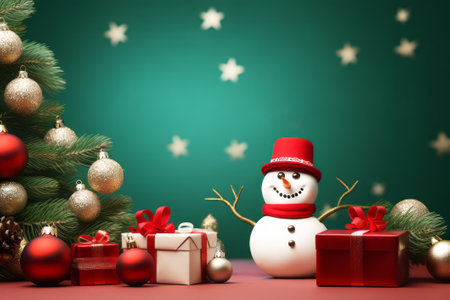 Christmas decoration with snowman, gift boxes and Christmas tree on green backgroundの素材
