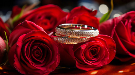 Wedding rings and red roses on the table, close upの素材