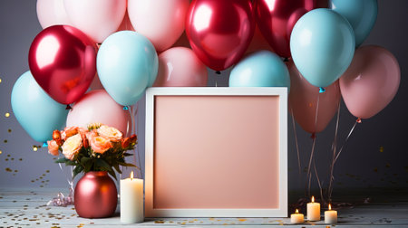 Blank photo frame with colorful balloons and candles on a wooden backgroundの素材