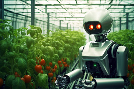 3d rendering humanoid robot working in greenhouse with tomato seedlings in greenhouseの素材