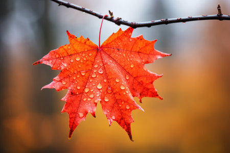 Maple leaf with water drops on a blurred background of autumn foliageの素材