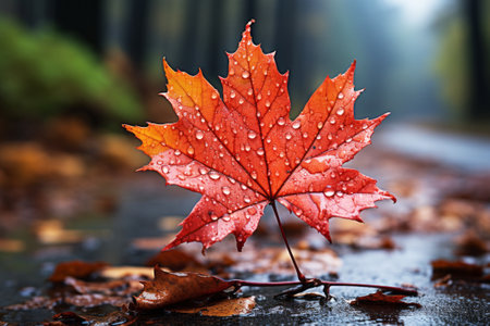 Maple leaf with water drops on wet asphalt in autumn forest.の素材