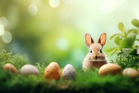 Easter background with colorful easter eggs and spring flowers decorations on bokeh background. Happy Easter holiday greeting card concept with copy space.の素材