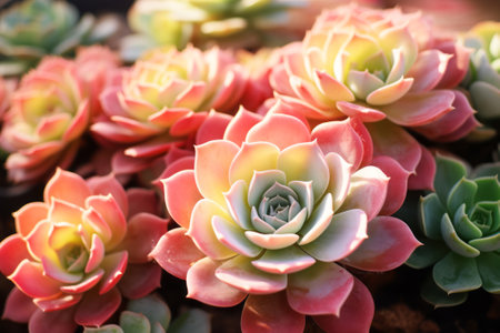 Closeup of Vibrant Succulent Flowers, Exquisite Succulent Flower light red and light green background.の素材