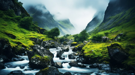 Long exposure of a mountain stream flowing through a valley in the Scottish Highlandsの素材