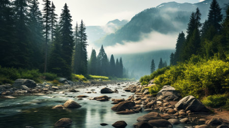 Mountain river in the misty forest. Beautiful summer landscape.の素材