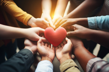 Group of people holding a red heart in their hands. Concept of love, charity and donation.の素材
