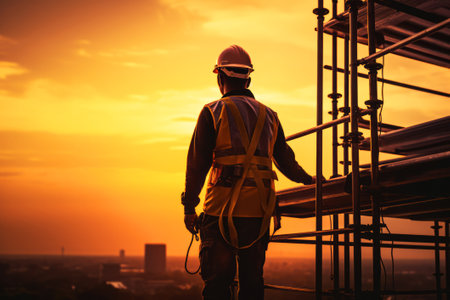 silhouette of engineer worker with safety helmet on construction site at sunsetの素材
