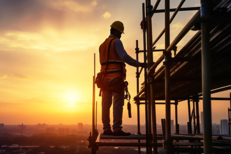 silhouette of engineer or architect at construction site with sunset backgroundの素材