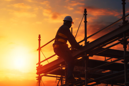 Silhouette of Engineer working on construction site with sunset background.の素材