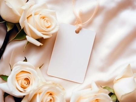 White roses with blank tag on silk background. Flat lay, top view.の素材