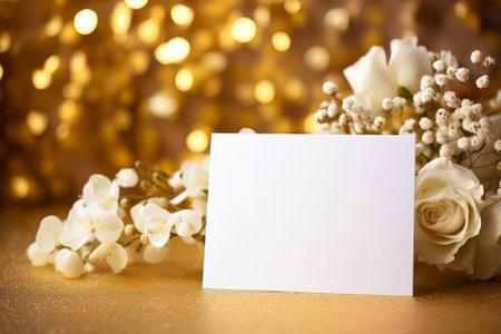 Blank card with white flowers on golden bokeh background.の素材