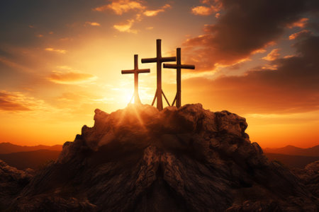 Crosses on the top of the mountain at sunset. Easter and christianity concept.の素材
