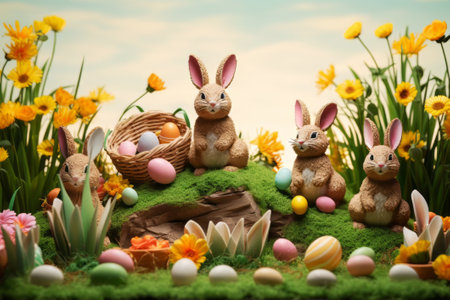 Easter decoration with bunnies, eggs and flowers on green grassの素材