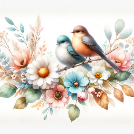 Watercolor floral composition with birds on a branch, flowers and leavesの素材