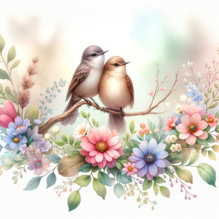 Watercolor illustration of a couple of birds on a branch with flowersの素材
