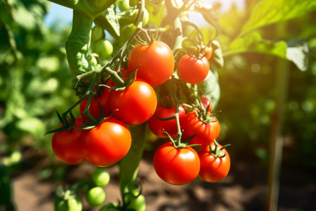 Ripe red tomatoes on a branch in the garden. Selective focus.の素材