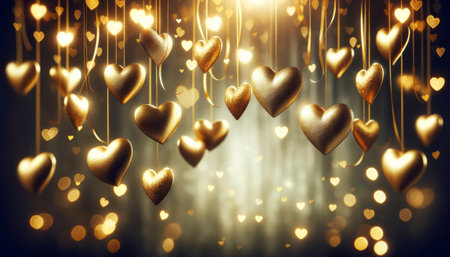 Valentines day background with golden hearts and bokeh lightsの素材