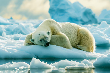 A serene image of a polar bear resting or sleeping on a drifting ice floe, north of Svalbard Arctic Norwayの素材