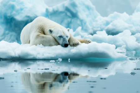 A serene image of a polar bear resting or sleeping on a drifting ice floe, north of Svalbard Arctic Norwayの素材