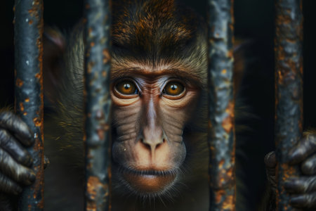 A monkey trapped in an iron cage, its sad eyes evoking empathy, Wildlife Animalsの素材