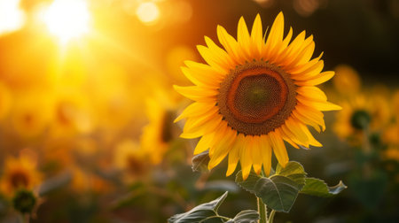 Sunflower field at sunset in summer. Sunflowers blooming.の素材