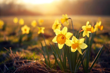 Yellow daffodils on a meadow at sunset in springの素材