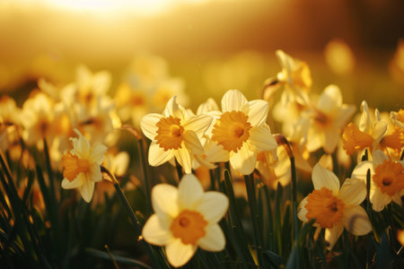 Daffodils in the field at sunset. Spring flowers.の素材