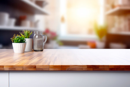 Empty wooden table over blurred kitchen background, product display montage.の素材