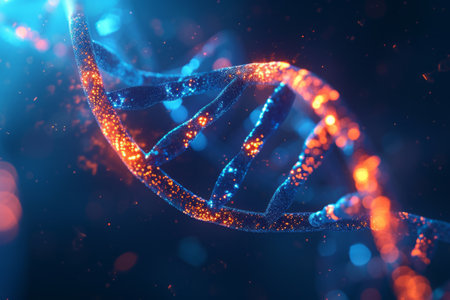 In this digital artwork, a vivid DNA double helix shines with fiery nodes, contrasted against a backdrop of deep blue.の素材
