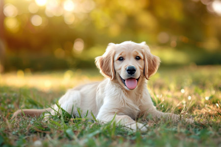 A golden retriever puppy enjoying a sunny day in the park, looking healthy and playfulの素材