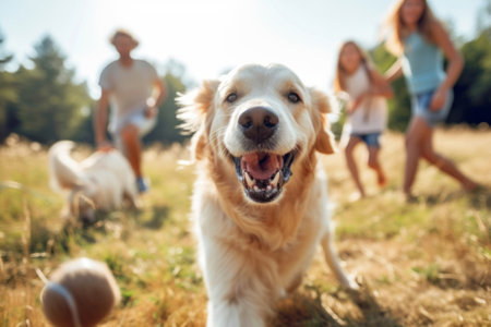 Joyful golden retriever catching a ball with a family playing in the background on a bright summer day.の素材
