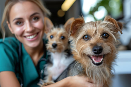 A caring female veterinarian in scrubs gently comforts a nervous dog and cat on the examination table.の素材