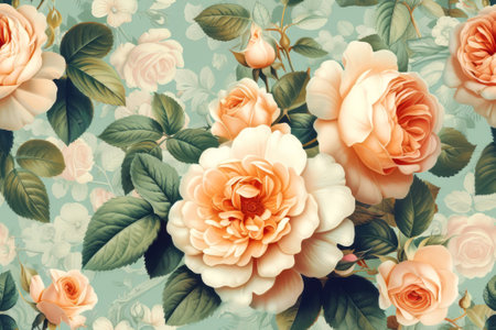 An elegant wallpaper design featuring a lush illustration of English roses in soft peach and cream tones, perfect for a timeless interior.の素材