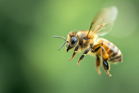 Honeybee Mid-Flight with Pollen Baskets, Macro photography of a honeybee in flight, showcasing its compound eyes and pollen baskets on a green background.の素材