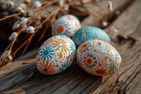 Hand-painted Easter eggs with traditional folk patterns, placed on a rustic wooden surface, natural lightの素材