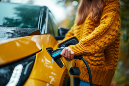 Electric Vehicle Charging in Urban Setting, Women Hand plugging in a charger into an electric vehicle's charging port during a rainy evening in the city.の素材