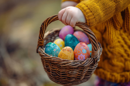 Toddler Girl with Easter Egg Basket in Spring Field, A toddler girl with bright eyes holding a wicker basket full of Easter eggs in a sunny spring field.の素材