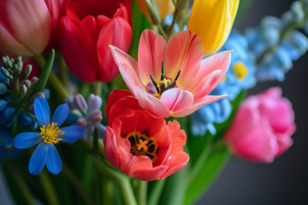 Spring Bouquet in Vase with Colorful Flowers, A vibrant bouquet of spring flowers, including tulips and hyacinths, elegantly arranged in a vase against a dark background.の素材