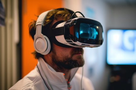 Man Exploring Virtual Worlds with VR Headset, A man engrossed in exploring virtual worlds, equipped with a VR headset and headphones for an enhanced experience.の素材