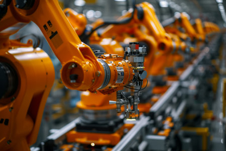 Industrial Robots in Automotive Assembly Line, Precision industrial robots engaged in the assembly of automotive parts, showcasing modern manufacturing technology.の素材