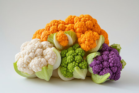 Colorful Cauliflower Varieties on Marble Background, An array of vibrant orange, purple, green, and white cauliflower heads against a clean marble background.の素材