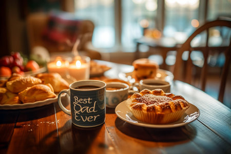 Cozy Family Breakfast with a Best Dad Ever Mug, A warm family breakfast table featuring a Best Dad Ever' mug, surrounded by pastries and soft morning light.の素材